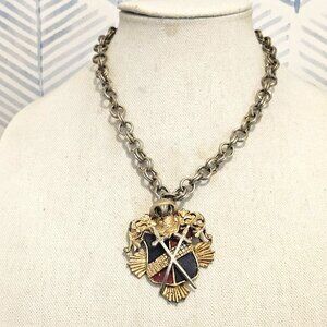 Vintage Shield w/ Crossed Swords Heraldic & Filigree Star Pendant Chain Necklace